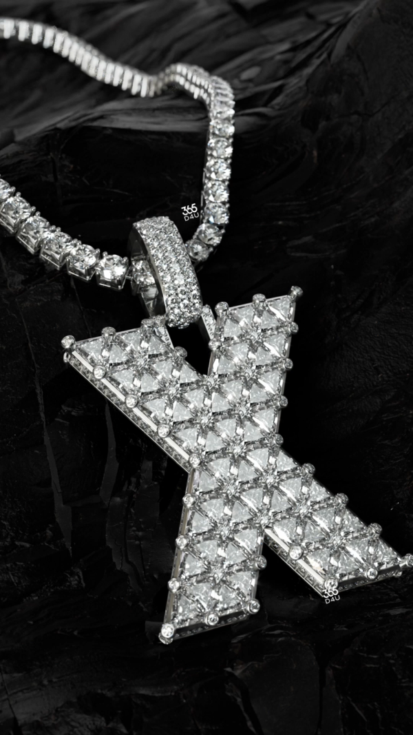 X Custom Letter Pendant — Triangular-Cut Diamond Mosaic with Emerald Side Walls