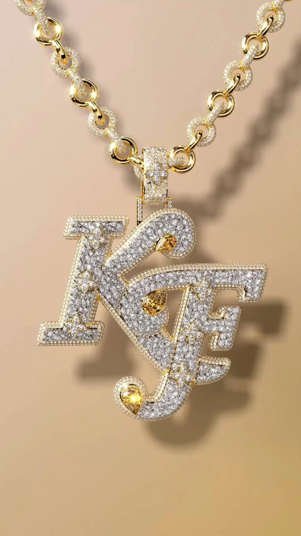 KF Fully Paved Two-Letter Pendant with Large Pear Diamonds