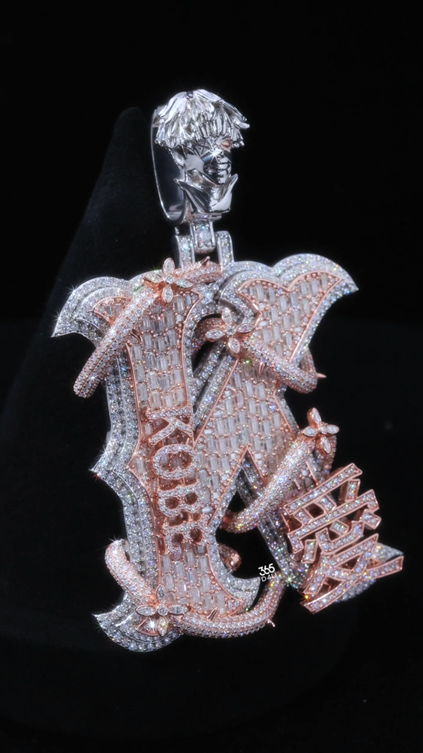 K Custom Letter Pendant with Zig-Zag Emerald Base & 3D Vine-and-Flower Wrap