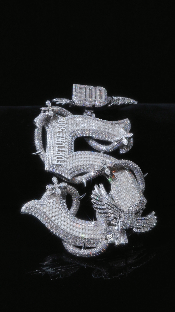 Letter 5 Custom Letter Pendant with Emerald Base, Diamond Flower Vines & 3D Eagle