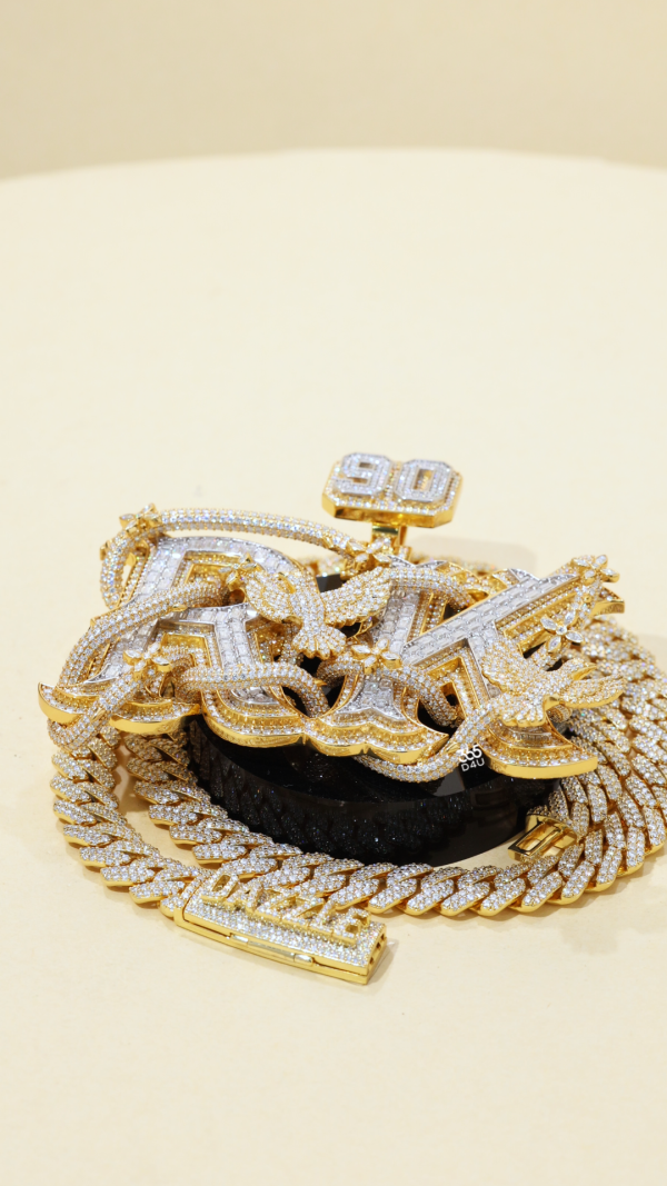 RK Custom Emerald Letter Pendant — 360° Iced Wrap with Bird & Gold Old English Style