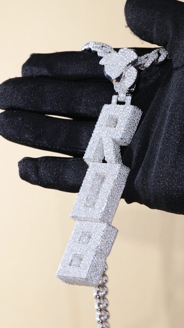 Custom Vertical Slanted Letter Pendant – Micro-Stone Mosaic Iced Out Design