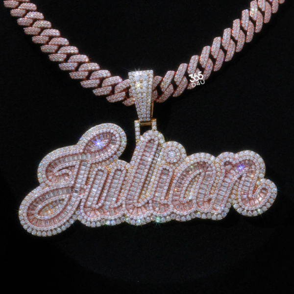 25sep0198图片 Cursive Name Pendant with Full Emerald-Cut Iced Detailing