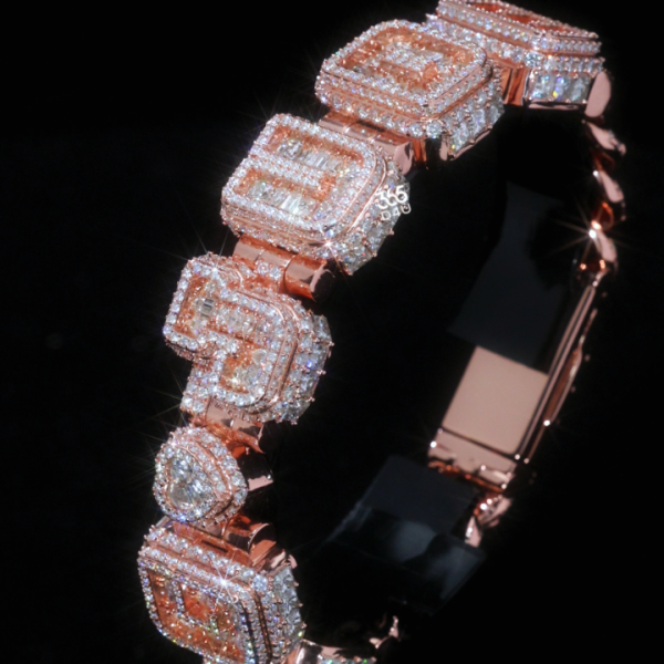 Custom Iced Letter Block Bracelet with Fancy-Stone Cuban Links – Full Diamond Name Design