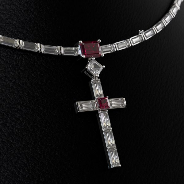 Custom Emerald Cut Cross with Red Center Stone