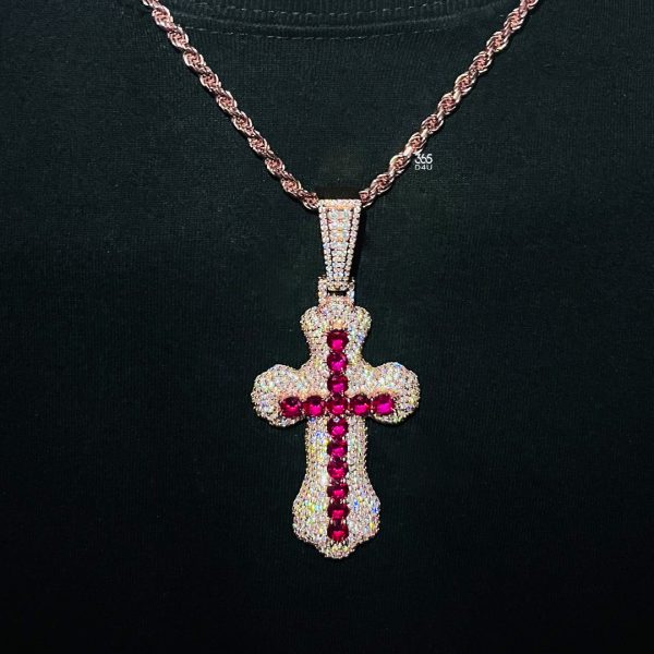 1.5-inch Red Stone Iced Cross Pendant