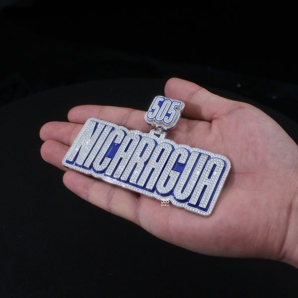 NICARAGUA Full Diamond Letter Pendant with Blue Enamel Border