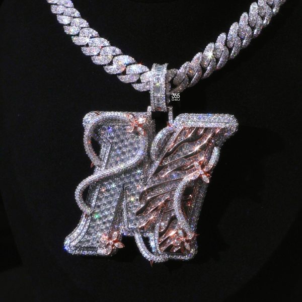 2.5" M Initial Pendant with Emerald-Cut Diamonds, Tiger Pattern & Vine Wra