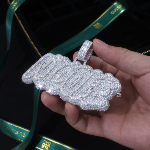 Nicole Brush Script Pendant – Emerald-Cut Diamonds, 360° Fully Iced