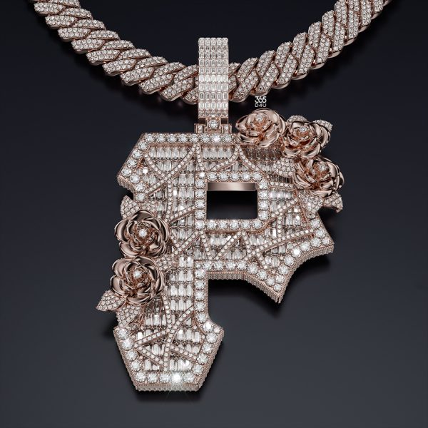 P Initial Pendant with Emerald-Cut Diamonds & Rose Detail