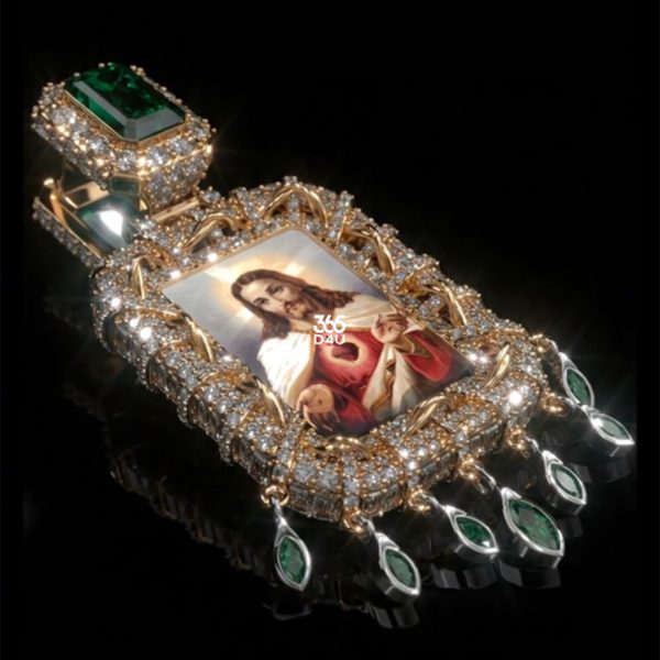 PD-C0502-图片 Custom Iced Photo Frame Pendant with Green Stone Drop