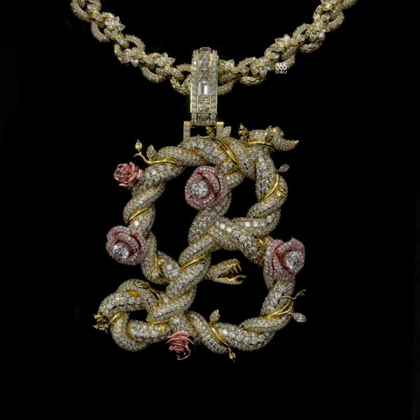 B Custom Snake Wrapped Initial Pendant with Rose Detail
