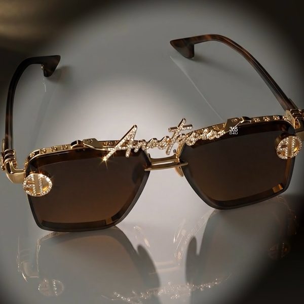 PD-C0548图片 Custom Gold Iced Sunglasses with Brown Gradient Lenses
