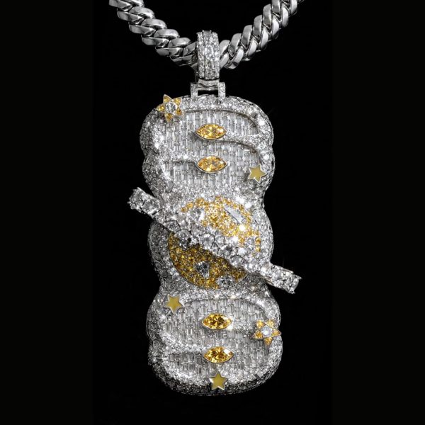 PD-C0559-图片 Custom 3D Vertical SOS Pendant with Planet O Design & Yellow Diamonds Accents