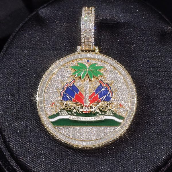 CD26APR0624 2-Inch 14K Gold Color Haiti Coat of Arms Enamel Medallion Pendant – 360° Fully Iced & Chain Set