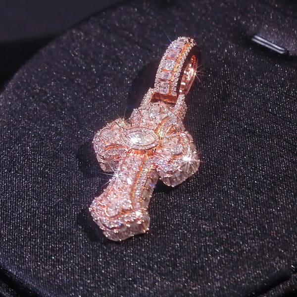CD26JAN1013 2-Inch Rose Gold Color Multi-Cut Cross Pendant – 360° Fully Iced & Chain Set