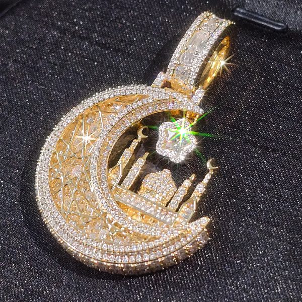 CD26MAY0467 1.5-Inch 14K Gold Color Moon & Mosque Pendant – 360° Fully Iced & Chain Set