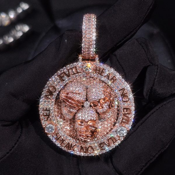 2-Inch Rose Gold Color 3D Double-Sided Evil Trio Skull Disc Pendant & Chain Set